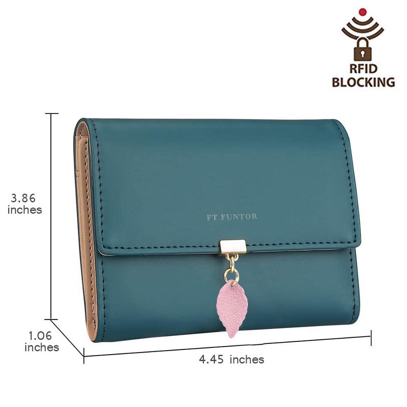 FT FUNTOR RFID Wallets for Women, Leaf Card Holder Trifold Ladies Wallets Coins Zipper Pocket with ID Window Small Teal Blue - Image 5